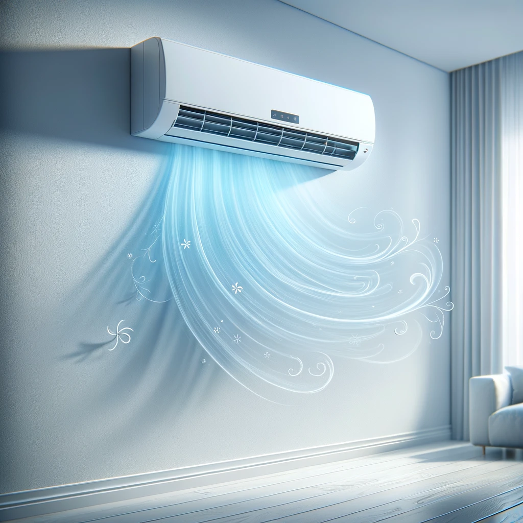 DALL·E-2024-02-28-11.04.06-Visualize-a-state-of-the-art-air-conditioner-mounted-on-a-sleek-white-wall.-The-design-is-modern-and-minimalist-with-clean-lines-and-a-touch-of-soph
